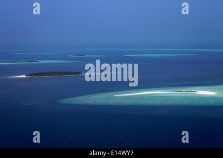 Aerial view, small islands and reefs in the North Ari Atoll, Indian Ocean, Maldives Stock Photo