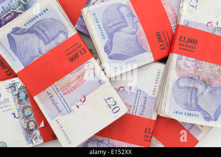 £1000 Bundles of British pounds sterling. Stock Photo