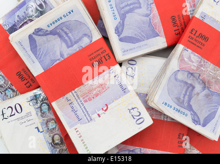 £1000 Bundles of British pounds sterling. Stock Photo