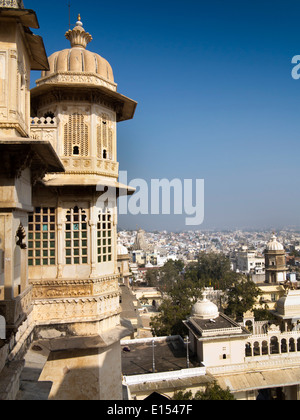 India, Rajasthan, Udaipur, elevated view of town from City Palace walls