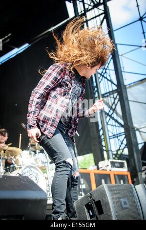 Columbus, Ohio, USA. 18th May, 2014. American metalcore band 'Miss May I' on stage at Rock On The Range festival in Columbus, Ohio. Band members: LEVI BENTON, RYAN NEFF, JEROD BOYD, JUSTIN AUFDEMKAMPE, B.J. STEAD © Igor Vidyashev/ZUMAPRESS.com/Alamy Live News Stock Photo