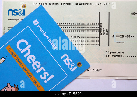 Premium Bonds winnings - cheque for £25 cheers from NS&I Stock Photo