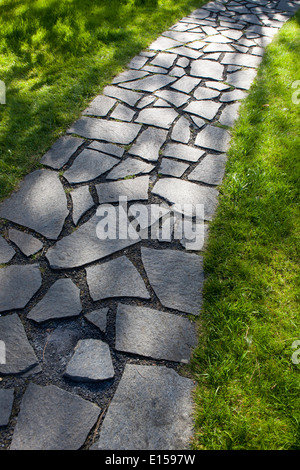 Garden path texture in grassy green lawn grass sidewalk Stock Photo