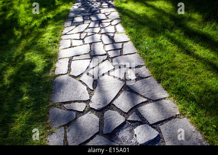 Paved garden path and stone path in grassy green lawn Stock Photo