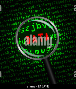 The word 'DATA' in red revealed in green computer machine code through a magnifying glass. Stock Photo