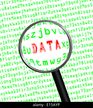 The word 'DATA' in red revealed in green computer machine code through a magnifying glass. White background. Stock Photo