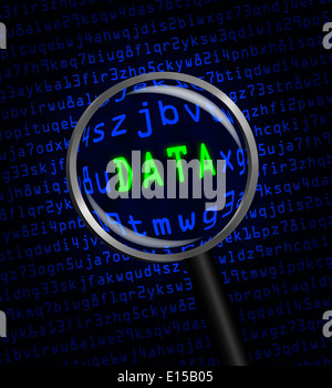 The word 'DATA' in green revealed in blue computer machine code through a magnifying glass. Stock Photo
