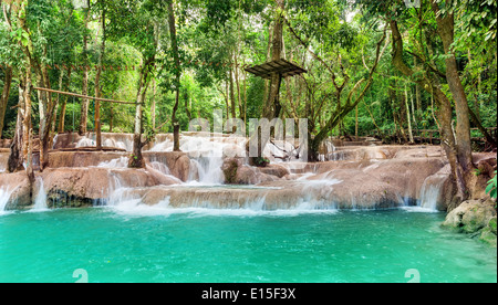 Jangle landscape with amazing turquoise water of Kuang Si cascade waterfall at tropical rain forest near Luang Prabang, Laos Stock Photo