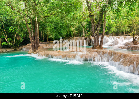 Jangle landscape with amazing turquoise water of Kuang Si cascade waterfall at tropical rain forest near Luang Prabang, Laos Stock Photo