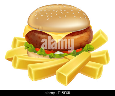 An illustration of a burger and fries or chips Stock Photo