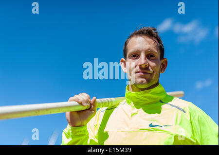 Zurich, Switzerland. 23rd May, 2014. Renaud Lavillenie (FRA), pole vaulting Olympic gold medalist is posing with a pole during a training session at the Letzigrund stadium in Zurich, Switzerland. Credit:  Erik Tham/Alamy Live News Stock Photo