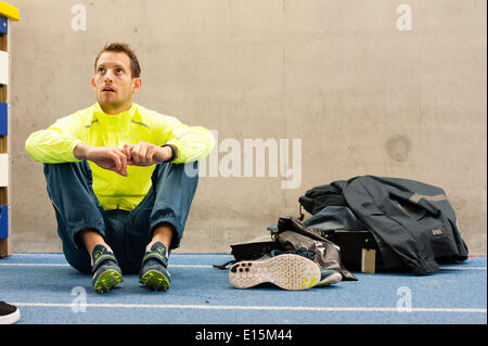 Zurich, Switzerland. 23rd May, 2014. Renaud Lavillenie (FRA), pole vaulting Olympic gold medalist in the underground warmup area of the Letzigrund stadium in Zurich, Switzerland. Credit:  Erik Tham/Alamy Live News Stock Photo