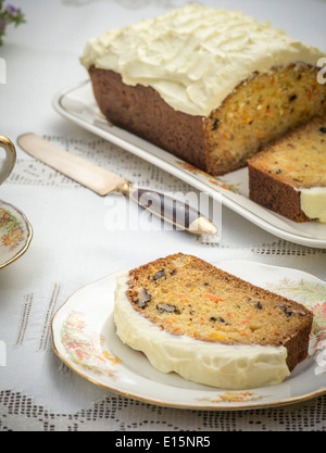 Beautiful and delicious homemade carrot cake on antique tableware Stock Photo