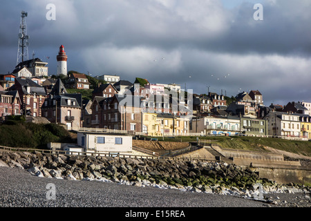 View over the houses and lighthouse of the village Ault seen from the beach, Somme, Picardy, France Stock Photo