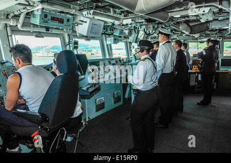 Belfast, Northern Ireland. 23 May 2014 - Officers on the bridge con the Royal Navy Type 23 Frigate, HMS Richmond, into the Port of Belfast Credit:  Stephen Barnes/Alamy Live News Stock Photo