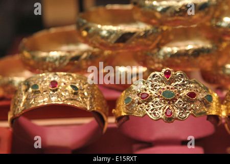 Gold rings for sale in a souk in Morocco Stock Photo