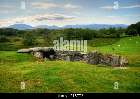 Prehistoric burial chamber in Capel Garmon, North Wales, with the Snowdonia mountain range behind Stock Photo