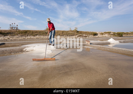 Salt-marsh worker collecting salt Stock Photo
