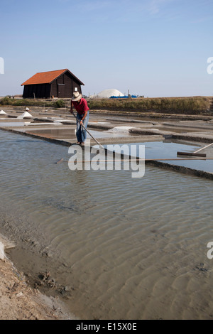 Salt-marsh worker collecting salt Stock Photo