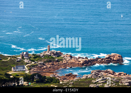 Ploumanac'h lighthouse (Côtes d’Armor department - Côte de Granit Rose): aerial view Stock Photo