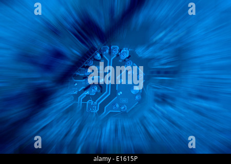 Printed Circuit board from a computer in dark blue with edges abstracted. Stock Photo