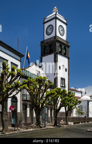 Bell tower of St. Sebastian Church rises above the buildings of Ponta Delgada, Sao Miguel Island, Azores, Portugal Stock Photo
