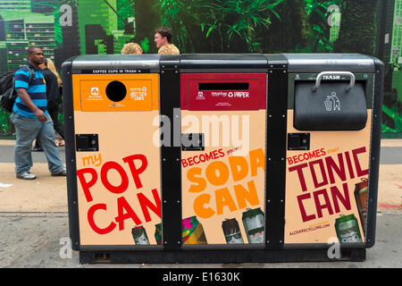 Manhattan, New York, U.S. - May 21, 2014 -  In Times Square is a solar powered 3 bin recycling system, for plastics, bottles and cans, and trash. Stock Photo
