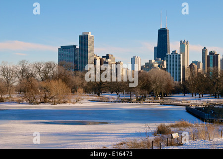 Lincoln Park nature area and Near North Side skyscrapers Chicago. Stock Photo