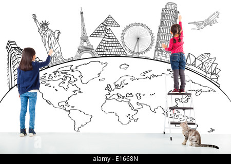 two girl kids drawing global map and famous landmark Stock Photo