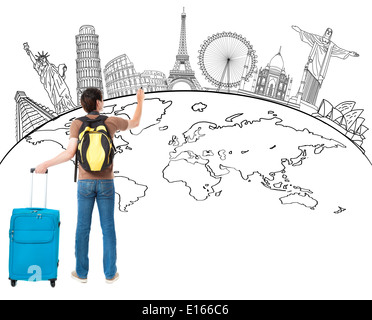young man drawing global map and famous landmark Stock Photo