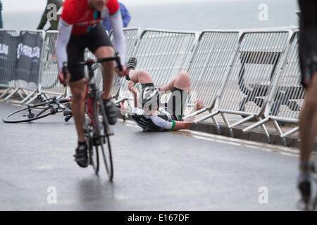 Aberystwyth, Wales, UK. 23rd May, 2014. Slippery conditions cause problems for the riders during Aber Cyclefest. Credit:  Jon Freeman/Alamy Live News Stock Photo