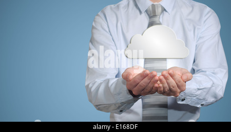 Businessman holding cloud computer network technology in hands Stock Photo