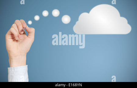 Businessman student or teacher hand pen writing drawing thinking cloud or computing Stock Photo