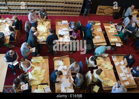 Belfast,UK 23rd may 2014. View from above of Staff counting Belfast Local Election Results Credit:  Bonzo/Alamy Live News Stock Photo