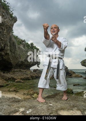 Karate master Narihiro Shinjo - Uechi Ryu Karate, Training on the beach in  Yomitan, Okinawa, Japan. Stock Photo