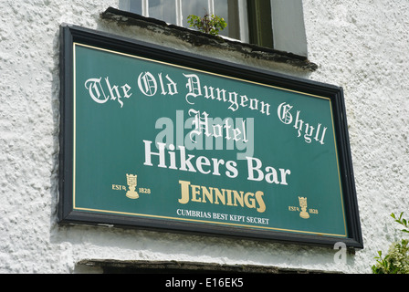 Sign for the Hikers Bar at the Old Dungeopn Ghyll Hotel, Great Langdale, Lake District National Park, Cumbria, England UK Stock Photo