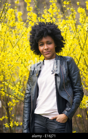 Portrait of woman wearing leather jacket, Milano, Italy Stock Photo