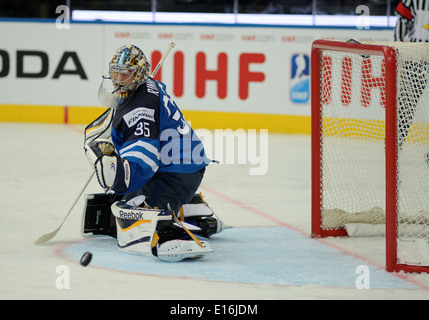 RINNE Pekka (35) of Finland looks on the puck during 2014 IIHF World Ice Hockey Championship semifinal match at Minsk Arena Stock Photo