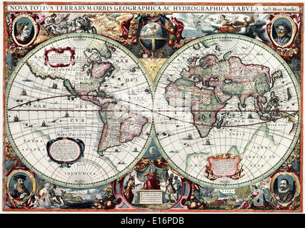 Nova Totius Terrarum Orbis Tabula world map - by Hendrik Hondius, 1630 Stock Photo