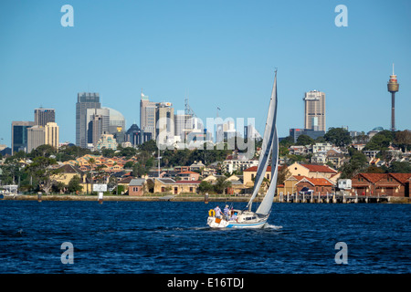 Sydney Australia,Harbour,harbor,water,waterfront,homes,houses,Drummoyne,skyscrapers,city skyline,sailboat,boat,Tower,AU140311130 Stock Photo