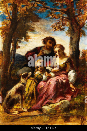 Figures and a Dog in a Landscape byNarcisse-Virgile Diaz de la Peña, 1852 Stock Photo