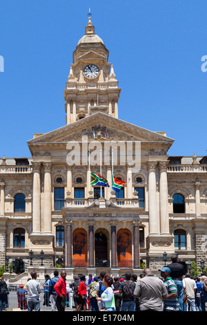 Flags at half mast at Cape Town City Hall on Dec 6th, the morning after Nelson 'Madiba' Mandela died, Cape Town, South Africa Stock Photo