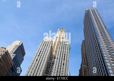 The old Woolworth Building between other skyscrapers in New York with blue sky Stock Photo