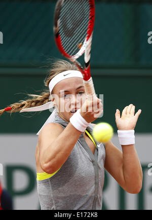 Paris, France. 25th May, 2014. Anna Schmiedlova of Slovakia returns the ball during her Women's Singles first round match against China's Zheng Jie on day 1 of the French Open at Roland Garros in Paris on May 25, 2014. Credit: Wang Lili/Xinhua/Alamy Live News Stock Photo