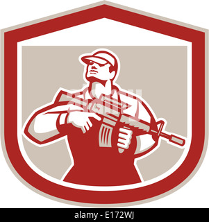 Illustration of an American soldier serviceman holding assault rifle looking up set inside shield crest on isolated background done in retro style. Stock Photo