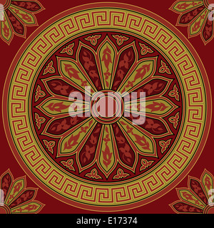 seamless Traditional vintage golden round Greek ornament (Meander) and floral pattern on a red background Stock Photo