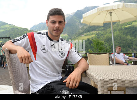 Passeier, Italy. 25th May, 2014. Kevin Volland looks into the camera inbetween interviews at the 'media day' of the German national soccer team at the team hotel in St. Leonhard in Passeier, Italy, 25 May 2014. Germany's squad prepares for the upcoming FIFA World Cup 2014 in Brazil at a training camp in South Tyrol until 30 May 2014. Photo: Andreas Gebert/dpa/Alamy Live News Stock Photo