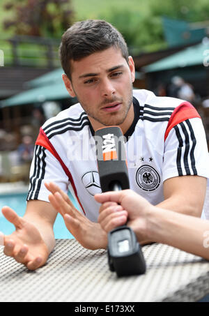 Passeier, Italy. 25th May, 2014. Kevin Volland looks into the camera inbetween interviews at the 'media day' of the German national soccer team at the team hotel in St. Leonhard in Passeier, Italy, 25 May 2014. Germany's squad prepares for the upcoming FIFA World Cup 2014 in Brazil at a training camp in South Tyrol until 30 May 2014. Photo: Andreas Gebert/dpa/Alamy Live News Stock Photo