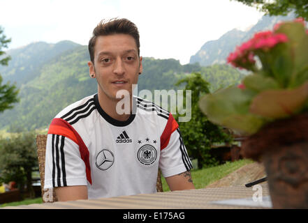 Mesut Oezil attends the 'media day' of the German national soccer team at the team hotel in St. Leonhard in Passeier, Italy, 25 May 2014. Germany's squad prepares for the upcoming FIFA World Cup 2014 in Brazil at a training camp in South Tyrol until 30 May 2014. Photo: Andreas Gebert/dpa Stock Photo