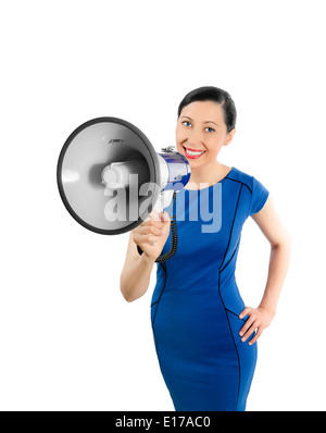 Beautiful business woman with megaphone in blue dress Stock Photo